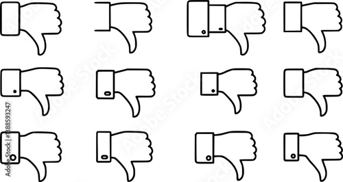 set of Hand position with gesture of pointing thumb down. Concept of gesture of rejection, disapproval or condemnation in sign language. Vector illustration in outline style isolated on white 
