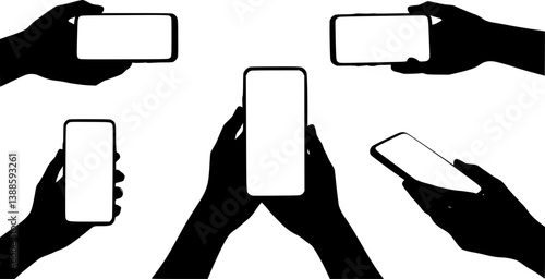 Hands holding a phone in horizontal and vertical positions. Blank screen smartphone for message or photo in various positions.
