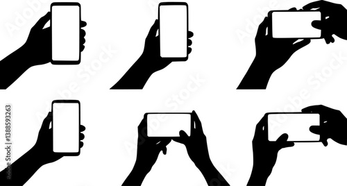 Hands holding a phone in horizontal and vertical positions. Blank screen smartphone for message or photo in various positions.

