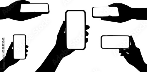 Hands holding a phone in horizontal and vertical positions. Blank screen smartphone for message or photo in various positions.
