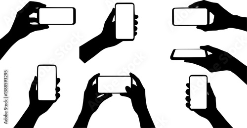 Hands holding a phone in horizontal and vertical positions. Blank screen smartphone for message or photo in various positions.

