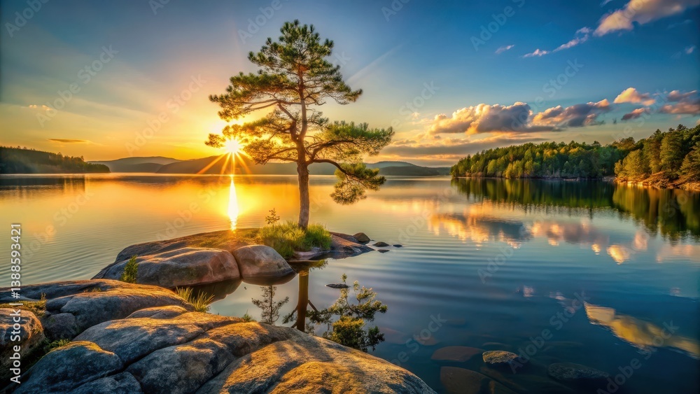 Serene Sunset over Calm Water, Solitary Tree on Rocky Island, Golden Hour Reflections