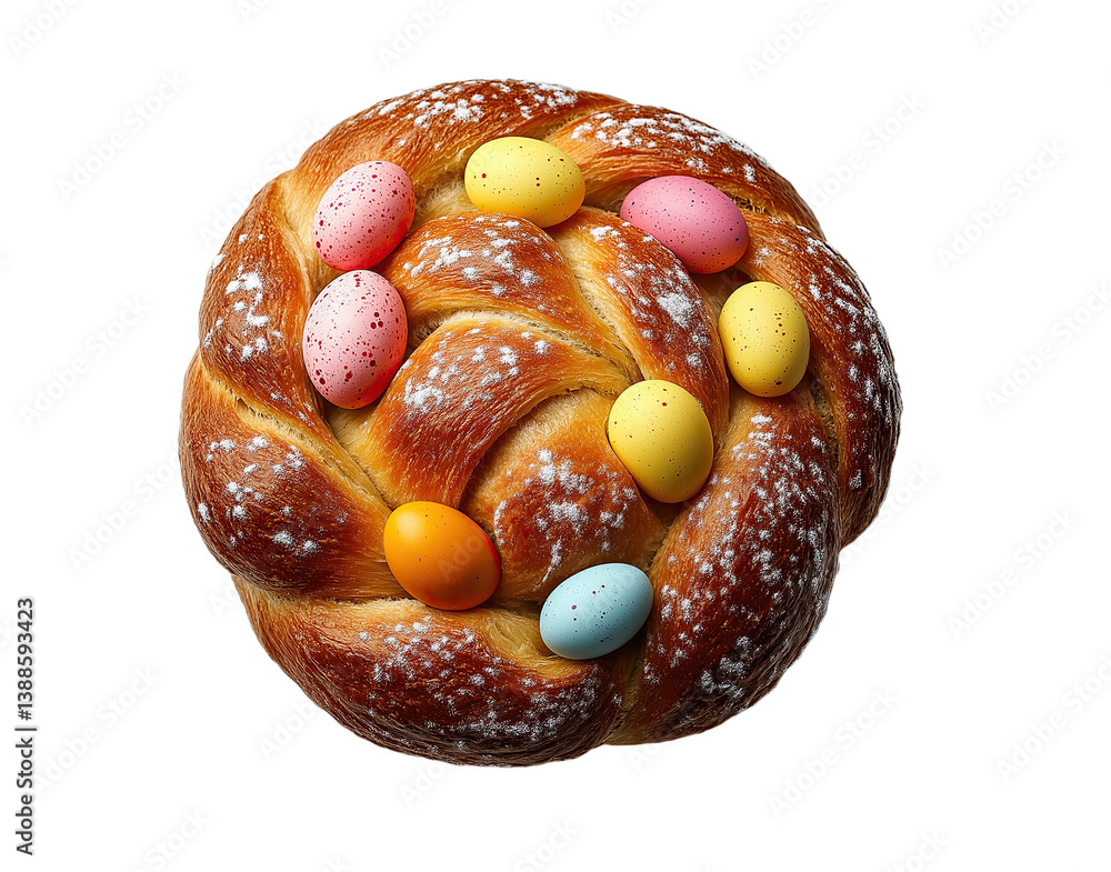 Top View Easter Bread with Colored Eggs – Isolated on Transparent Background