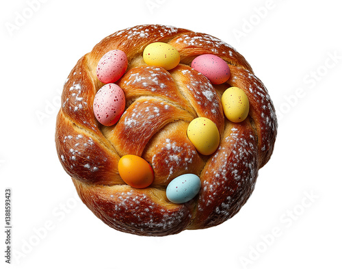 Obraz na płótnie Top View Easter Bread with Colored Eggs – Isolated on Transparent Background w salonie
