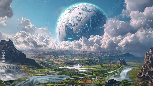 Surreal Landscape with a Massive Planet Overhead and Lush Valleys