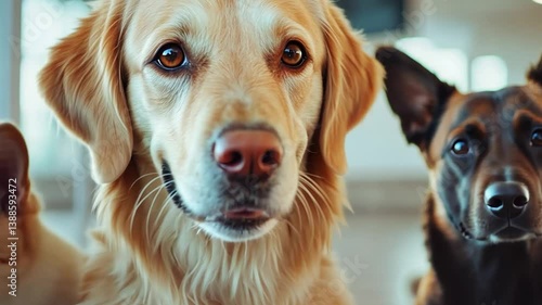 Three adorable dogs posing together in a bright indoor setting