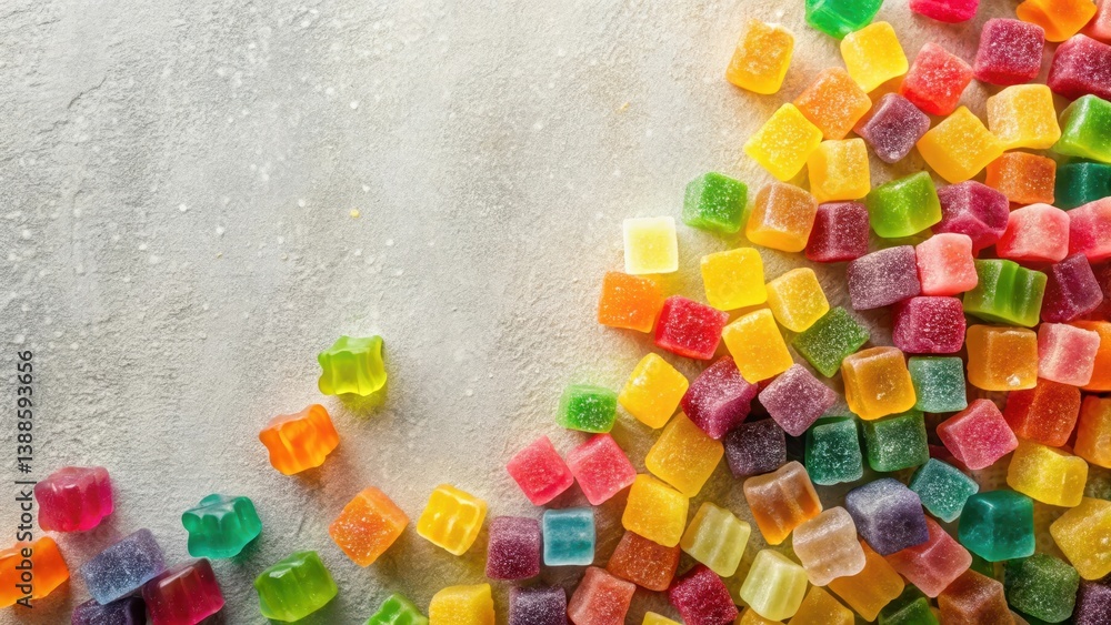 A vibrant collection of colorful sugary cubes and star-shaped jellies scattered on a textured surface