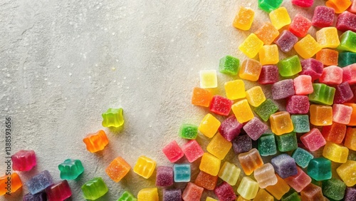 Obraz na płótnie A vibrant collection of colorful sugary cubes and star-shaped jellies scattered on a textured surface w salonie