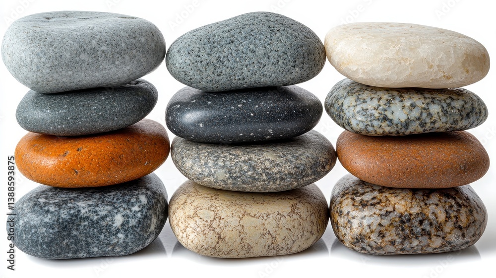 Stacked stones Grey, brown, beige rocks balancing atop each other, isolated against a white backdrop Stacked stones Grey, brown, beige rocks balancing atop each other, isolated against a white backdrop