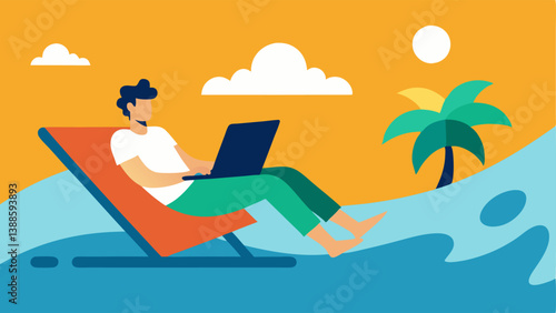 Digital Nomad A freelance writer lounging on a beach chair with a laptop waves crashing in the background depicting the life of a digital nomad at work.