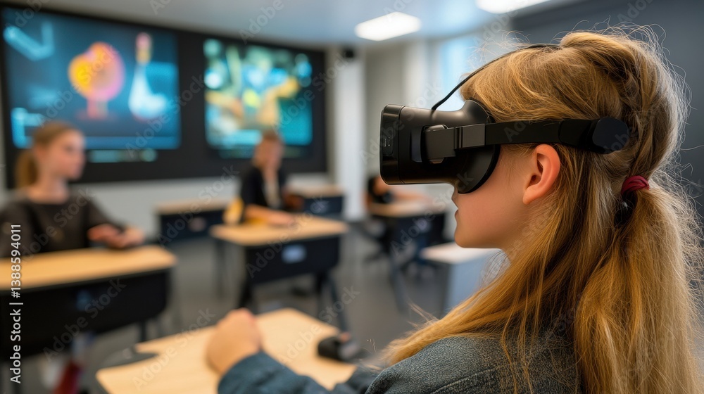 Student engages in immersive virtual reality education within a futuristic digital classroom setting Student engages in immersive virtual reality education within a futuristic digital classroom setting