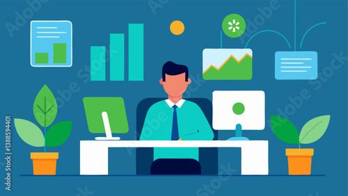 Desk Setup A professional seated at a desk with multiple monitors displaying graphs and charts related to carbon emissions and energy usage. Plants are p around the workspace to