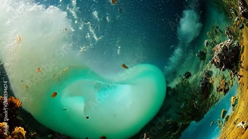 Underwater scene showcasing a diver exploring vibrant coral reefs with waves crashing overhead