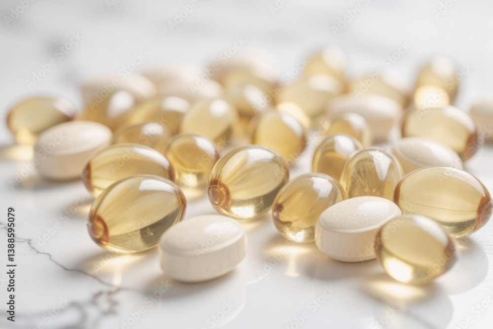 Mixed Supplements: Fish Oil and Multivitamin Pills for Health on Marble Background Mixed Supplements: Fish Oil and Multivitamin Pills for Health on Marble Background