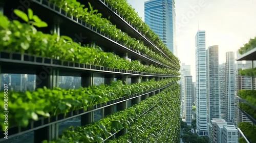 Vertical garden thriving in urban setting with skyscrapers in background