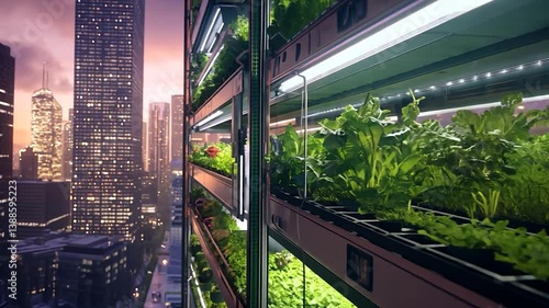 Vertical urban farming with fresh greens against a city skyline at dusk
