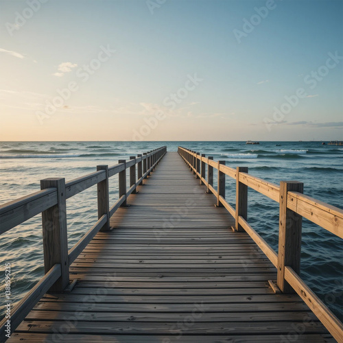 Wooden pier stretches towards the sea under a summer sky.