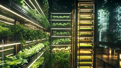 Vertical urban garden with lush greenery illuminated at night