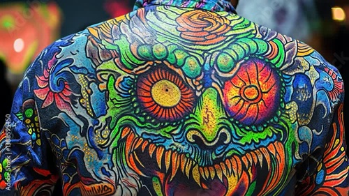 Vibrant back tattoo of a colorful monster design on a person at a festival