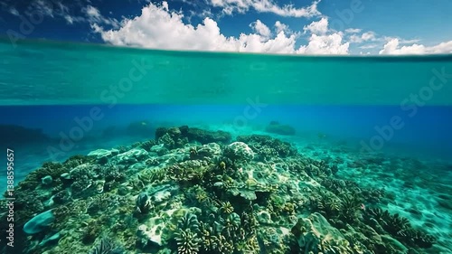 Vibrant Coral Reef Underwater with Tropical Island and Cloudy Sky