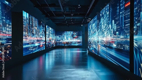 Vibrant urban night scene displayed in an art gallery with dynamic visuals