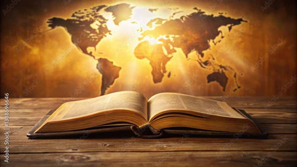 Open Book on Wooden Surface with World Map Background Illuminating Global Knowledge and Exploration