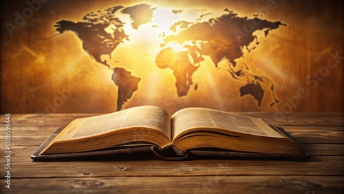 Obraz na płótnie Open Book on Wooden Surface with World Map Background Illuminating Global Knowledge and Exploration w salonie