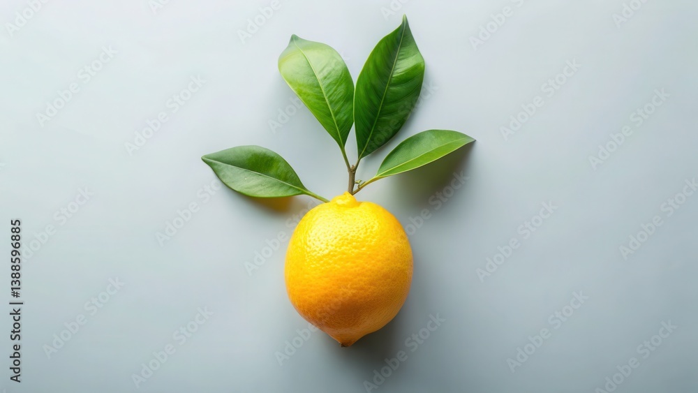 A single ripe lemon adorned with vibrant green leaves, a fresh and zesty image perfect for showcasing natural ingredients or healthy eating concepts.