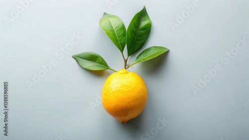 Obraz na płótnie A single ripe lemon adorned with vibrant green leaves, a fresh and zesty image perfect for showcasing natural ingredients or healthy eating concepts. w salonie
