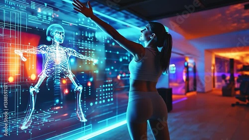 Woman interacting with a holographic skeleton in a modern gym setting