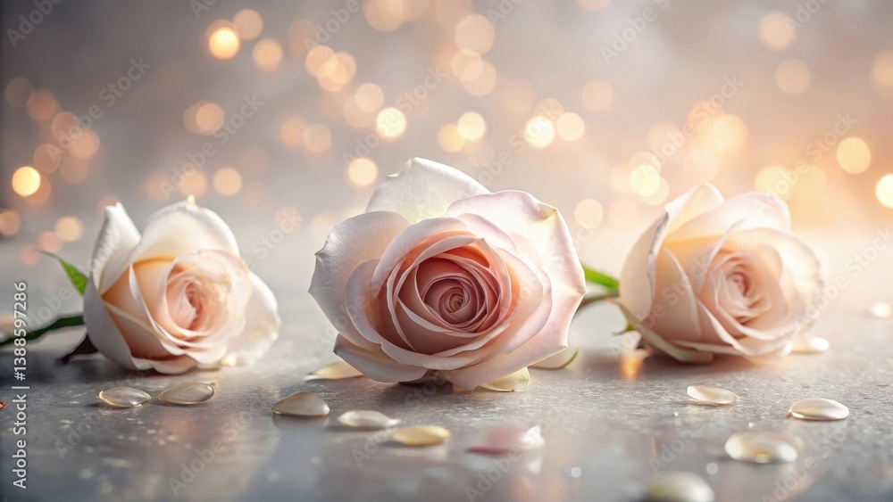Three Delicate Peach Roses Resting on a Reflective Surface with Soft Bokeh Lights