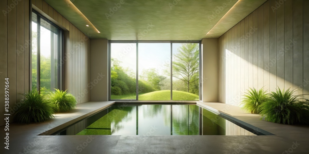 Serene Indoor Pool Reflecting Lush Greenery Through Expansive Windows in a Minimalist Setting
