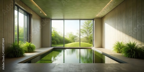 Obraz na płótnie Serene Indoor Pool Reflecting Lush Greenery Through Expansive Windows in a Minimalist Setting w salonie