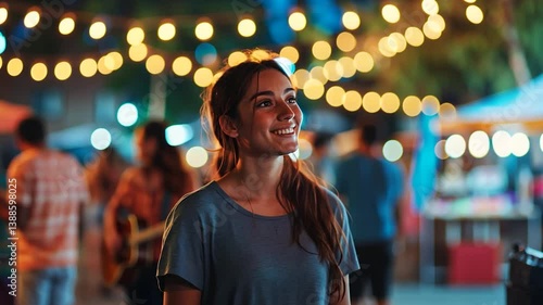 Young woman smiling at a vibrant outdoor night market with string lights
