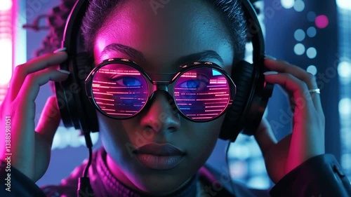 Young woman wearing headphones and sunglasses in vibrant neon lights