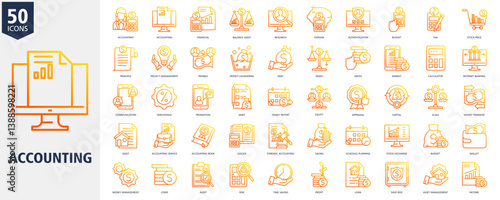 Accounting Icon Set Outline Gradient Style with accountant, accounting, financial, balance sheet, research, expense, authentication, budget, tax and stock price
