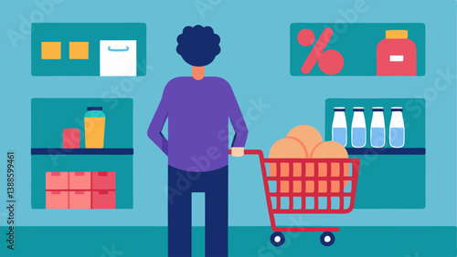 Grocery Shopping Dilemma A person standing in a grocery store aisle looking puzzled while holding a calculator behind them a shopping cart filled with basic items like bread milk