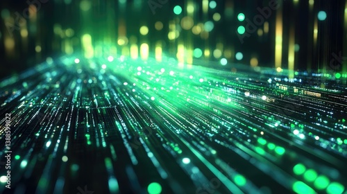 Glowing abstract digital lines forming an artistic green and blue image