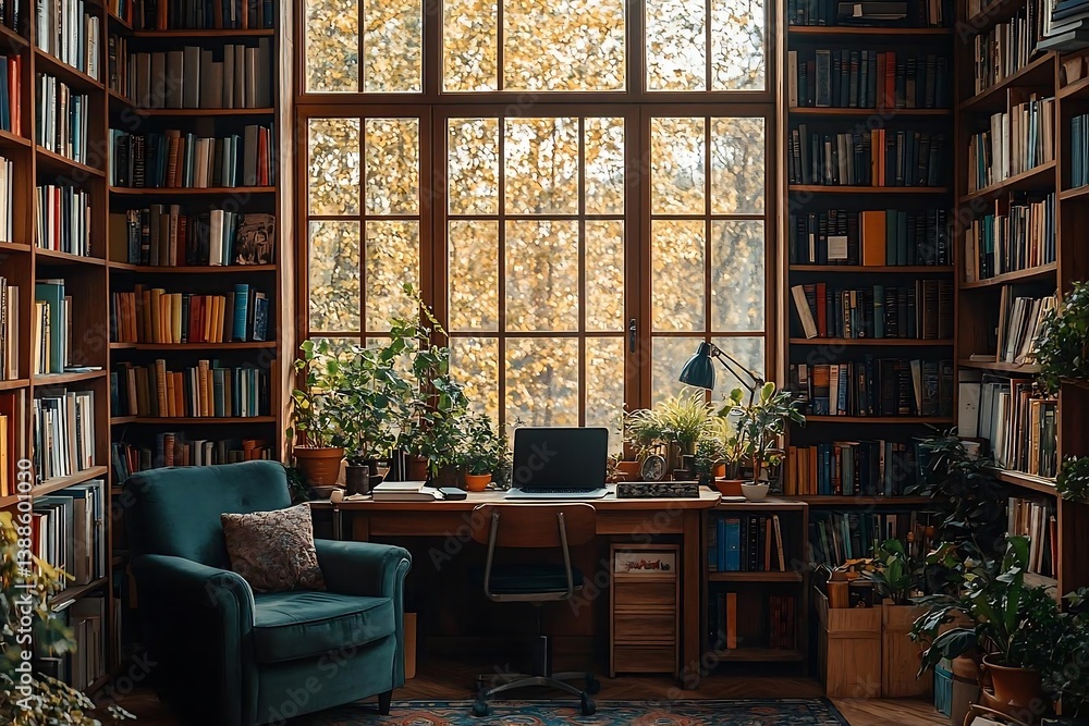 Cozy Home Library with Bookshelves and Sunlight Streaming Through Window Cozy Home Library with Bookshelves and Sunlight Streaming Through Window