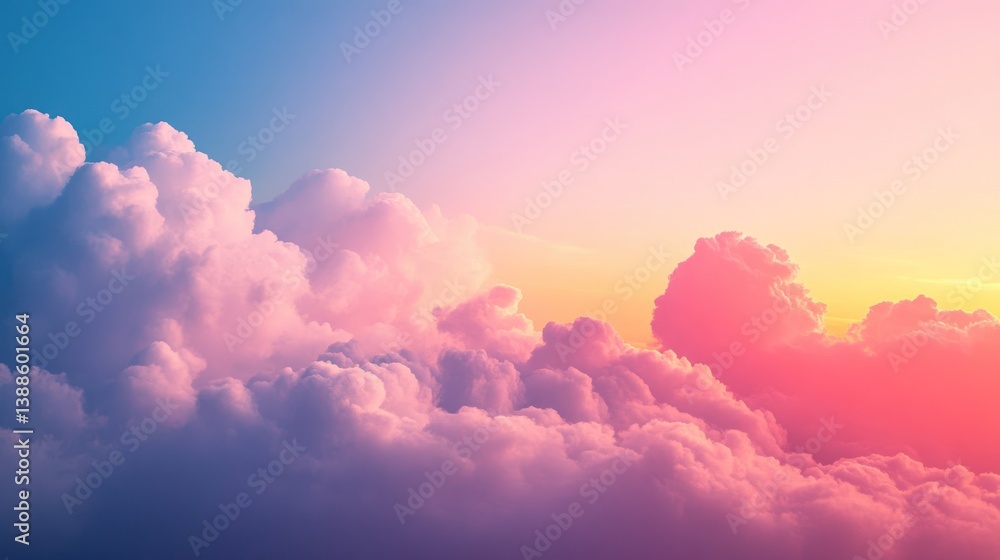 Obraz premium Vibrant sunset hues paint fluffy cloudscape, aerial view.