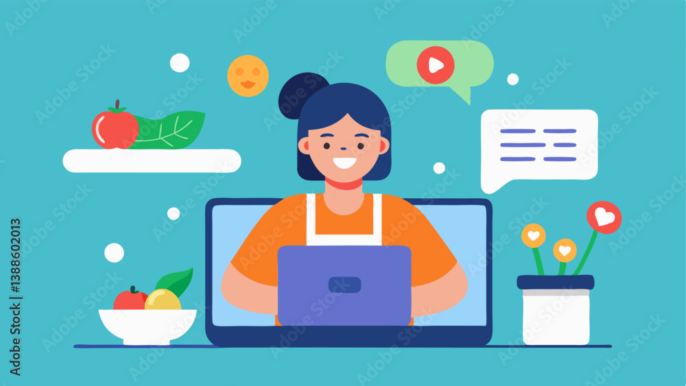 Cooking Live Stream An influencer cooking a healthy recipe live on social media with vibrant ingredients displayed and viewers comments appearing on the screen below. Cooking Live Stream An influencer cooking a healthy recipe live on social media with vibrant ingredients displayed and viewers comments appearing on the screen below.