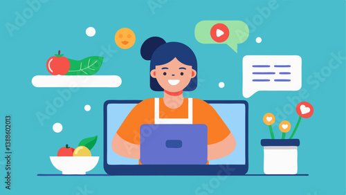 Cooking Live Stream An influencer cooking a healthy recipe live on social media with vibrant ingredients displayed and viewers comments appearing on the screen below.