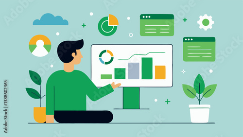 Digital Metrics An illustration of a consultant analyzing data on a computer screen depicting social performance metrics like carbon footprint reduction alongside ecoicons and