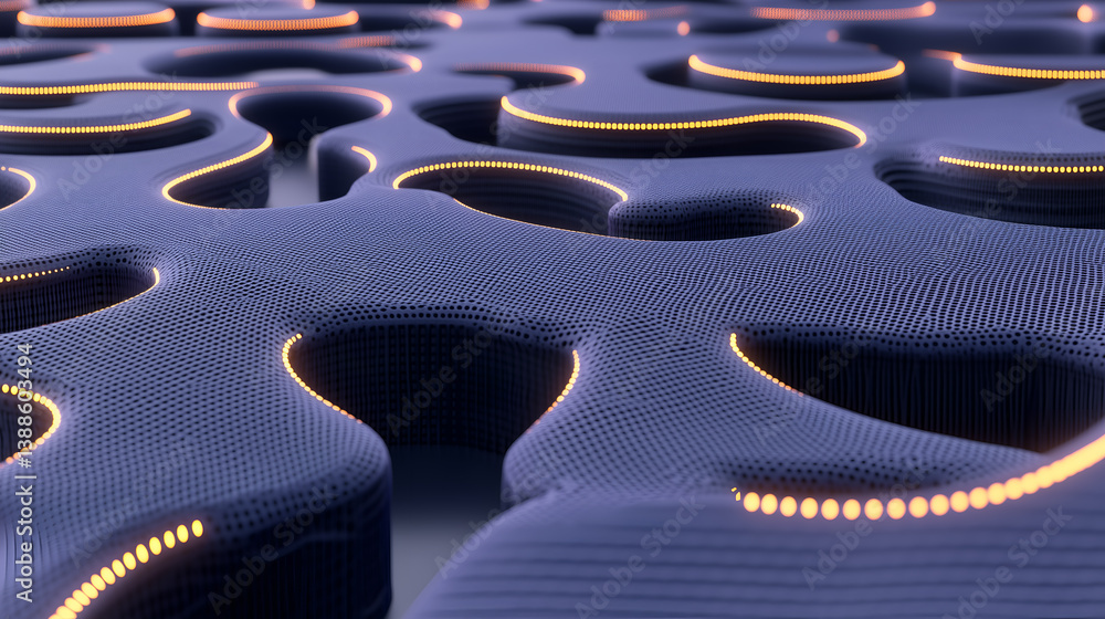 Obraz premium a futuristic abstract design with a 3D-rendered surface featuring a pattern of interconnected elements illuminated by glowing lights