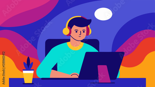 Digital Studio An artist seated at a sleek desk with a digital tablet headphones on focused on creating a colorful digital artwork. The background shows vibrant digital art on the