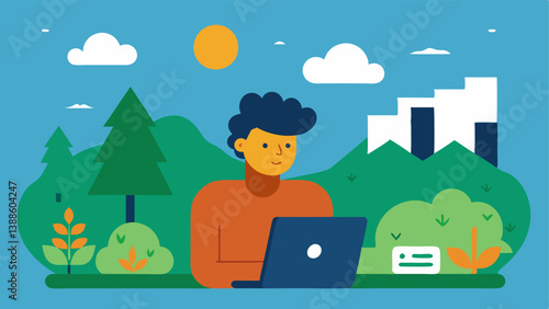 Data Analysis in Nature An analyst works on a laptop in a natural outdoor setting with graphs and statistics displayed on the screen that highlight biodiversity and climate