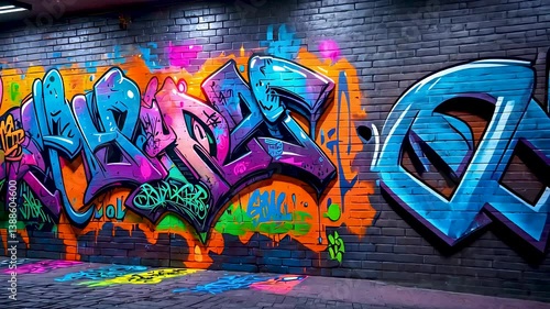 Colorful urban graffiti artwork painted on dark brick wall in vibrant tones, 4k loop