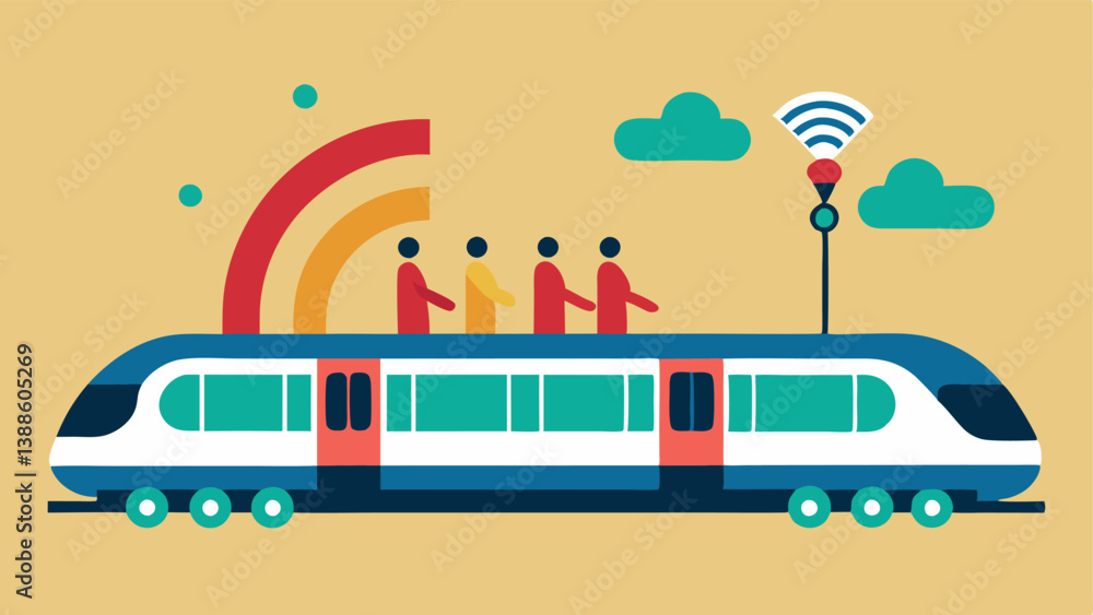 Public Transport Connectivity A stylized subway train with signal waves and passengers using devices emphasizing how 5G improves realtime transport data and connectivity.