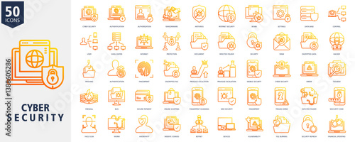 Cyber Security Icon Set Outline gradient Style with cyber security, authentication, authorization, ransomware, antivirus, internet security, bomb, settings, data base and control
