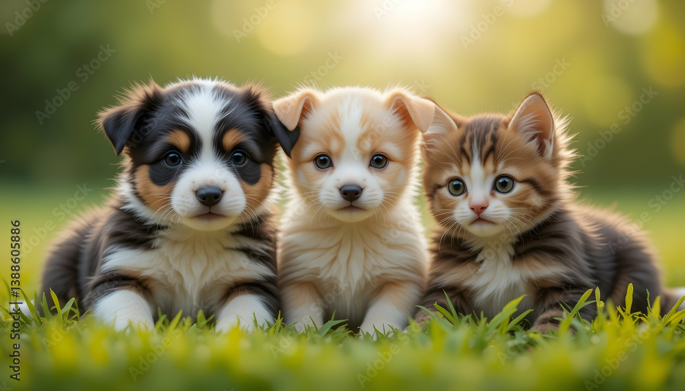 Adorable Dog Puppy and Kitten Cat Portraits in Grassy Meadow Adorable Dog Puppy and Kitten Cat Portraits in Grassy Meadow